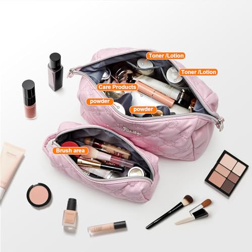 BOYATU Travel Makeup Bags for Purse: 2 Pcs Set Cosmetic Bag for Women - PU Leather Make up Bag with Zipper- Cute Skincare Pouch for Girls - Waterproof Toiletry Organizer for Vacation (Pink)2