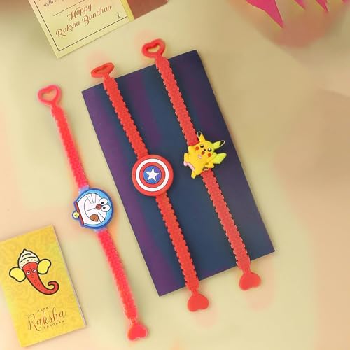 Image of CraftVatika Set of 3 Rakhi for Kids Brother, Rakhi Set for Brother Boys Girls Baby Kids, Cartoon Designer rakhis for Children, Rakshabandhan Combo with Greeting Card Tilakk, Raksha Sutra for Child