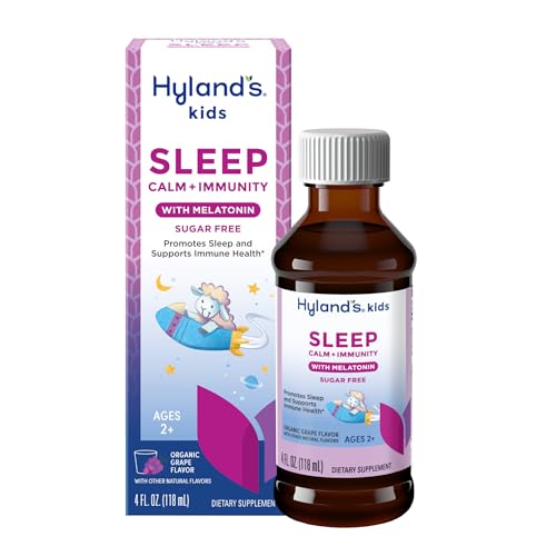 Hylands Kids Sleep Calm & Immunity with Melatonin Sugar-Free Sleep Aid Liquid with Magnesium Vitamin D Zinc & Elderberry Promotes Sleep & Supports Immune Health Ages 2+ Grape Flavor 4 Fl. Oz.