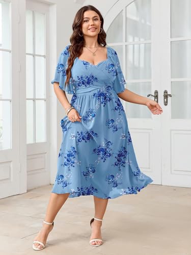 Image of SHESTARR Women's Plus Size Midi Dress Sweetheart Neck Short Sleeve Wedding Guest Cocktail A Line Flowy Dress