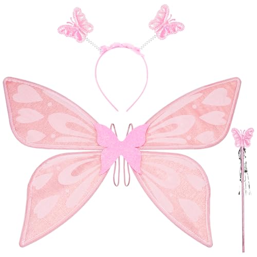 DiULi Ensemble Ailes de Fée Adultes et Enfants avec Baguette Magique et Bandeau de Fée - Léger Confortable pour Anniversaire Halloween Anniversaire Carnaval et Thème Fête - Cadeau Fille Femme,Rose