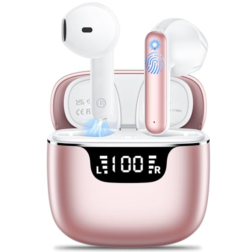 kauguo Wireless Earbuds,Wireless Headphones Bluetooth 5.3 Headphones in Ear with 4 ENC Mic Mini Ear buds HiFi Stereo LED Display Earphones 42H Playtime Earphones Touch Control IP7 Waterproof Pink