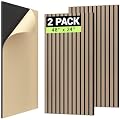 TONOR 2PCS Wood Slat Panels, 48” x 24”Adhesive Acoustic Panels for Wall, Decorative 3D Fluted Panels for Sound Absorbing, Soundproof Panels with Wood Finish for Living Room, Dark Walnut