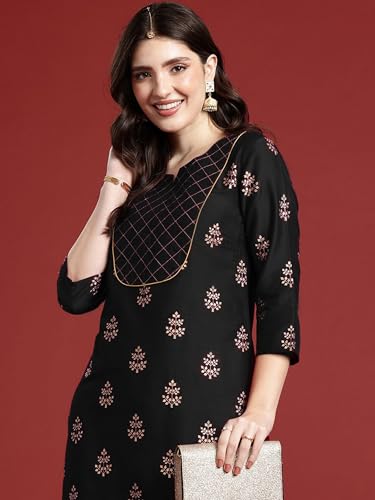 Image of Women's Embroidered Kurti, Ethnic Floral Motif Print, 3 /4 Sleeves, Side Slit