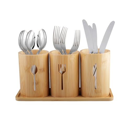 Duisoad - Portarcubiertos de madera, 3 compartimentos organizador de cubiertos de bambú para cucharas, horquillas, cuchillos y almacenamiento de utensilios de cocina