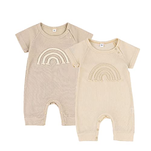 Image of BeiVSlley Baby Boys Girls 2 Pack Short Sleeve Romper Infant Summer One Piece Jumpsuits Outfits,Beige+Apricot,6-9M