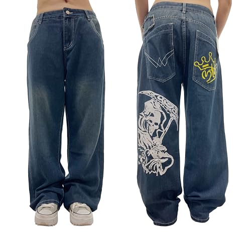Unisex Y2K Hip Hop Street Jeans Skeleton Printed Gothic Baggy Jeans Vintage High Waist Denim Jeans Wide Leg Pants2