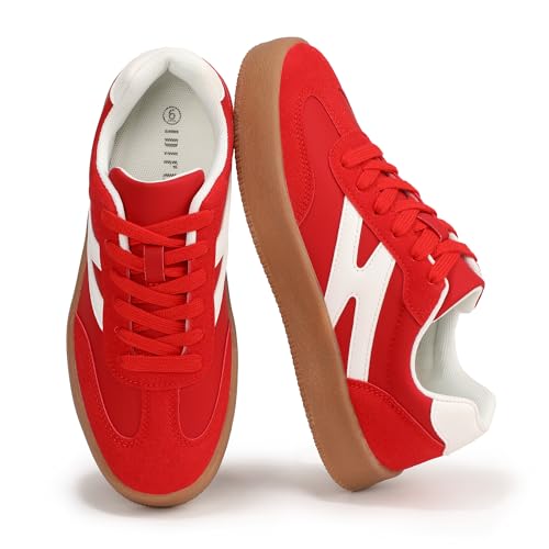 IDIFU Red Womens Platform Fashion Sneakers Casual Trendy Comfortable Cute Lace-up Shoes Work Business Tennis Walking Ladies Shoes Casual Classic Retro Non Slip Lightweight Sneakers(Red Pu 8)