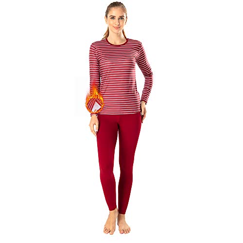 MANCYFIT Thermal Underwear for Women Long Johns Set Fleece Lined Ultra Soft (Stripe-Wine, X-Small)