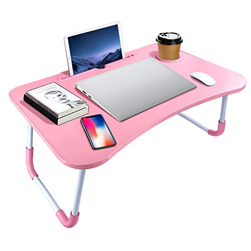 Portable Laptop Bed Table, Fordable Lap Desk with Cup Slot & Notebook Stand Breakfast Bed Trays for Eating and Laptops Book Holder Lap Desk for Floor,Couch, Sofa, Bed, Terrace, Balcony (Pink)