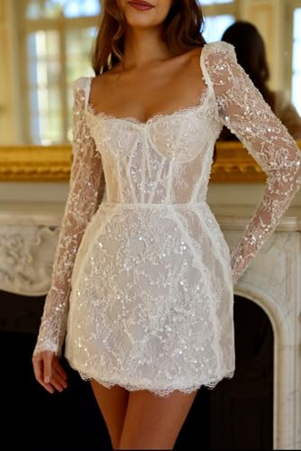 Short Wedding Dresses for Bride Lace Beach Long Sleeve Strapless Off Shoulder Mini Tight Bridal Dress for Bride2