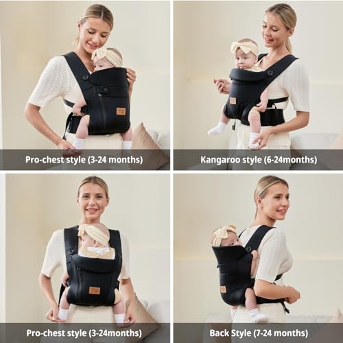 vrbabies Babytrage für Neugeborene ab Geburt, Ergonomische, mit Verstellbarer Gürtel, Baby Bauchtrage Rückentrage, Leicht&Atmungsaktiv - 0 bis 2 Jahren(Schwarz - mit Gürtel) – Bild 3