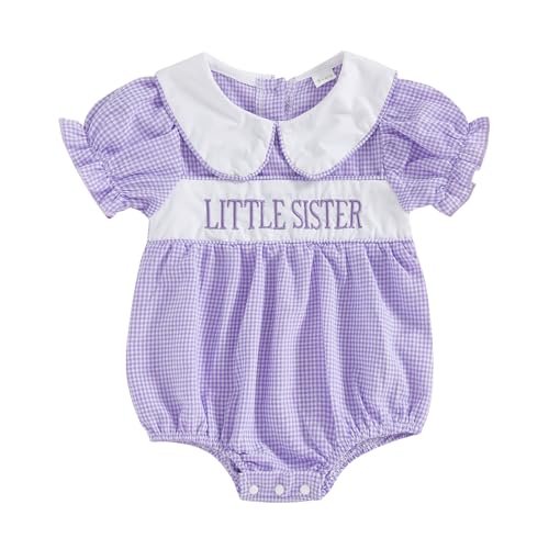 GINEVSAL Big Sister Little Sister Matching Outfits Baby Girl Smocked Clothes Short Sleeve Shirt Romper Toddler Summer Dress (Purple Romper, 3-6 Months)