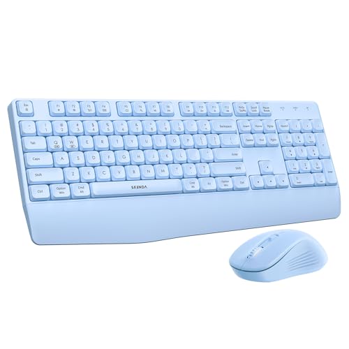 seenda Wireless Bluetooth Keyboard Mouse Combo Ergonomic Keyboard with Wrist Rest Silent Mouse USB & Bluetooth Multi-Device Full-Size Compatible for Windows PC Laptop Mac MacBook Blue