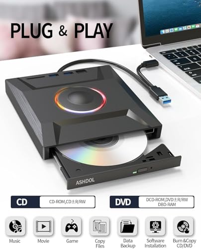 Image of External CD DVD Drive,7 in 1 USB 3.0 and Type-C Disc Reader Writer Burner Player,Slim and Portable CD DVD + /-RW Optical Drive for PC Laptop Desktop MacBook Mac Windows Linux OS Apple