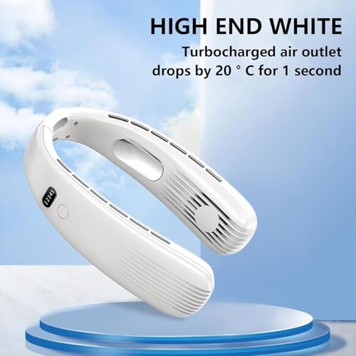 Image of One94Store Portable Bladeless Hanging Neck Fan - Modern Design, 12 Air Outlets, 2400mAh Rechargeable Battery, USB Powered, 5-Speed Hands-Free Cooling Fan, Up to 6 Hours Use for Indoor&Outdoor (White)