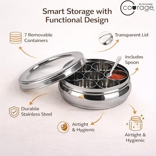 Image of COURAGE Stainless Steel Masala Dabba Spice Box with 7 Containers & Spoon | Airtight Lid | Premium Mirror Finish | Indian Spice Organizer for Kitchen Storage | Durable Masala Box Set with Steel Lid