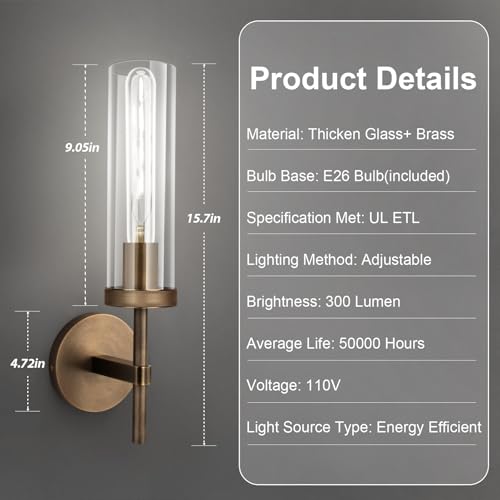 Image of Bronze Wall Sconces Set of Two with White Light, 15'' Brushed Brass Knurled Bathroom Vanity Light with Clear Glass for Living Room Mirror Bedroom Stairs
