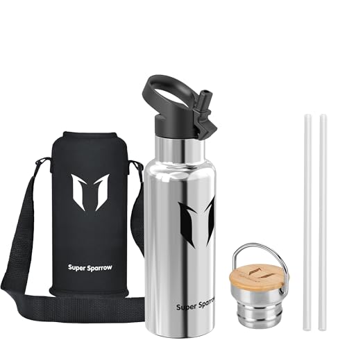 Láhev na pití Super Sparrow nerez - 500 ml - nepropustná termoska, láhev na vodu bez BPA - termoska s oxidem uhličitým pro děti, perlivá voda, sport, univerzita, škola, fitness, outdoor, kemping