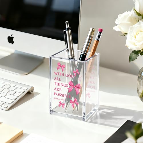 Image of With God All Things Are Possible Bible Pen Holder Makeup Organizer, Funny Bow Christian Pencil Pen Holder for Desk, Matthew 19:26 Bible Verse Pencil Cup, Religious Gifts for Book Lover Teacher