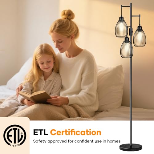 Image of Dimmable Floor Lamp,3x800LM LED Bulbs Included, Farmhouse Industrial Floor Lamp Standing Tree Lamp with Teardrop Cage Head Tall Lamp for Living Room Bedroom Office Dining Room - Black & Marble Base