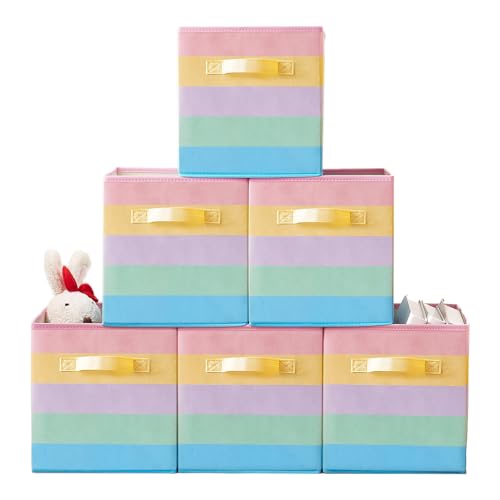 Image of Lanrinwon 11 Inch Fabric Collapsible Storage Cubes,6 Pack Rainbow Colored Closet Storage Bins with 2 Handles Foldable Cube Baskets for Organizing Clothes, Toys, Books