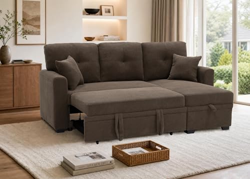 Image of KEIKI 71 inch Sectional Sleeper L Shaped Sofa with Pull Out Bed, Sleeper Sofa with Reversible Chaise, 3 Seater Modular Sectional Sofa with Storage for Living Room, Coffee