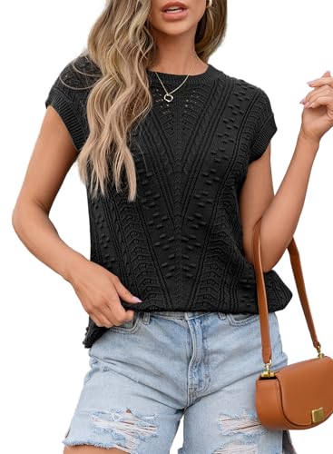 Dokotoo Ribbed Tank Tops for Women Sweater Vest Black Cap Sleeve Pullover Tops Summer Outfits for Women 2026 Trendy Oversized Casual Spring Clothing Loose Fit Crew Neck Cropped Size Large