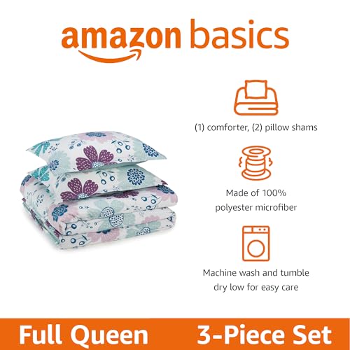 Image of Amazon Basics 3-Piece Soft, Plush Microfiber Kids' Comforter and Pillow Sham Set, Full /Queen, Purple Flowers, Bluish Pink, Floral