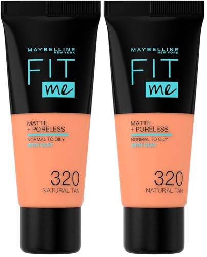 Maybelline New York, Base de Maquillaje que Calca a tu Tono Fit me! Mate y Afinaporos, Color: 320 Natural Tan (Paquete de 2)