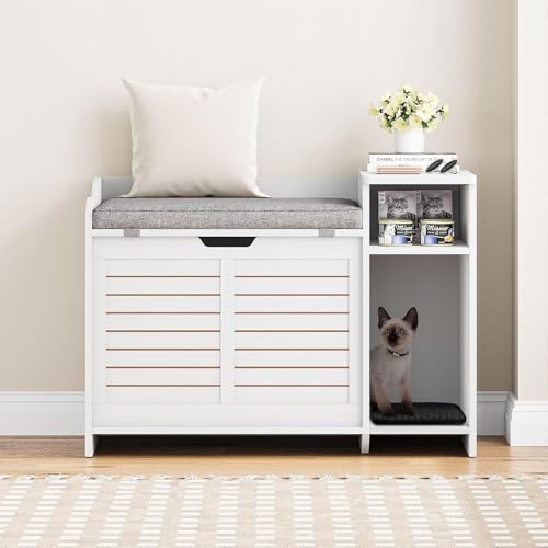 GAOMON Cat Litter Box Enclosure, Large Hidden Litter Box Furniture with Top Opening, Cushion, Storage Shelf, Litter Mat, Wooden Pet House End Table for Cats - White