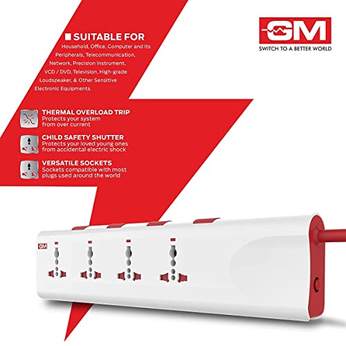Image of GM 3061 E-Book 4+4 Power Strip with Spike Guard & Surge Protector, 4 Individual Power Switch 6 AMP Output, Safety Shutter, 4 International Sockets Board, 2 Meter Cord Length, 1 Year Warranty Pack of 2