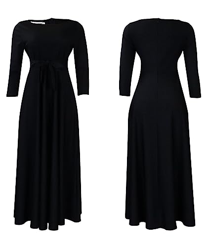 Image of Sexyshine Women's Casual Round Neck 3 /4 Long Sleeve Maxi Dress A-Line Self Tie High Waist Flare Pleated Swing Long Dresses