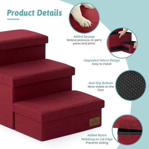 Image of Dog Stairs with Storage, 3-Step Wider Sturdy Dog Steps for Small /Medium /Large Dogs and Older Cats, Folding Doggie Ramp for Bed /Couch /Car Hold Up to 180 lbs (16.7 inch H, Burgundy)