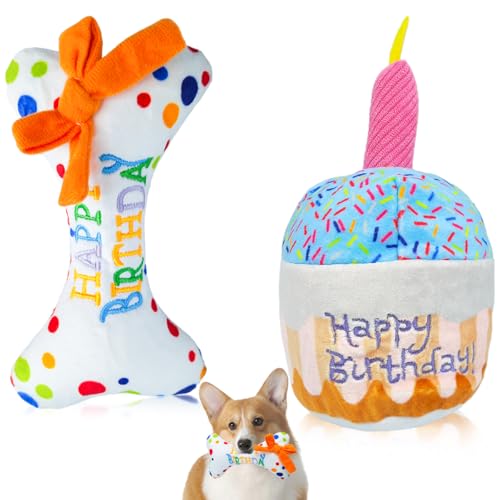 QIMMU Jouet Anniversaire pour Chien, Peluche Gateau Os Anniversaire Chien, Peluche Couineur pour Chiens (2PCS)