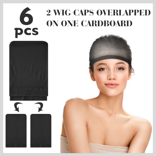 PLULON 6 Pcs Black Wig Cap for Women, Mesh Stocking Wig Caps Net Closed End Hair Mesh Net Liner Ultra-thin Invisible for Women Men Cosplay Show Halloween Bachelorette Party Music Festivals Daily Life