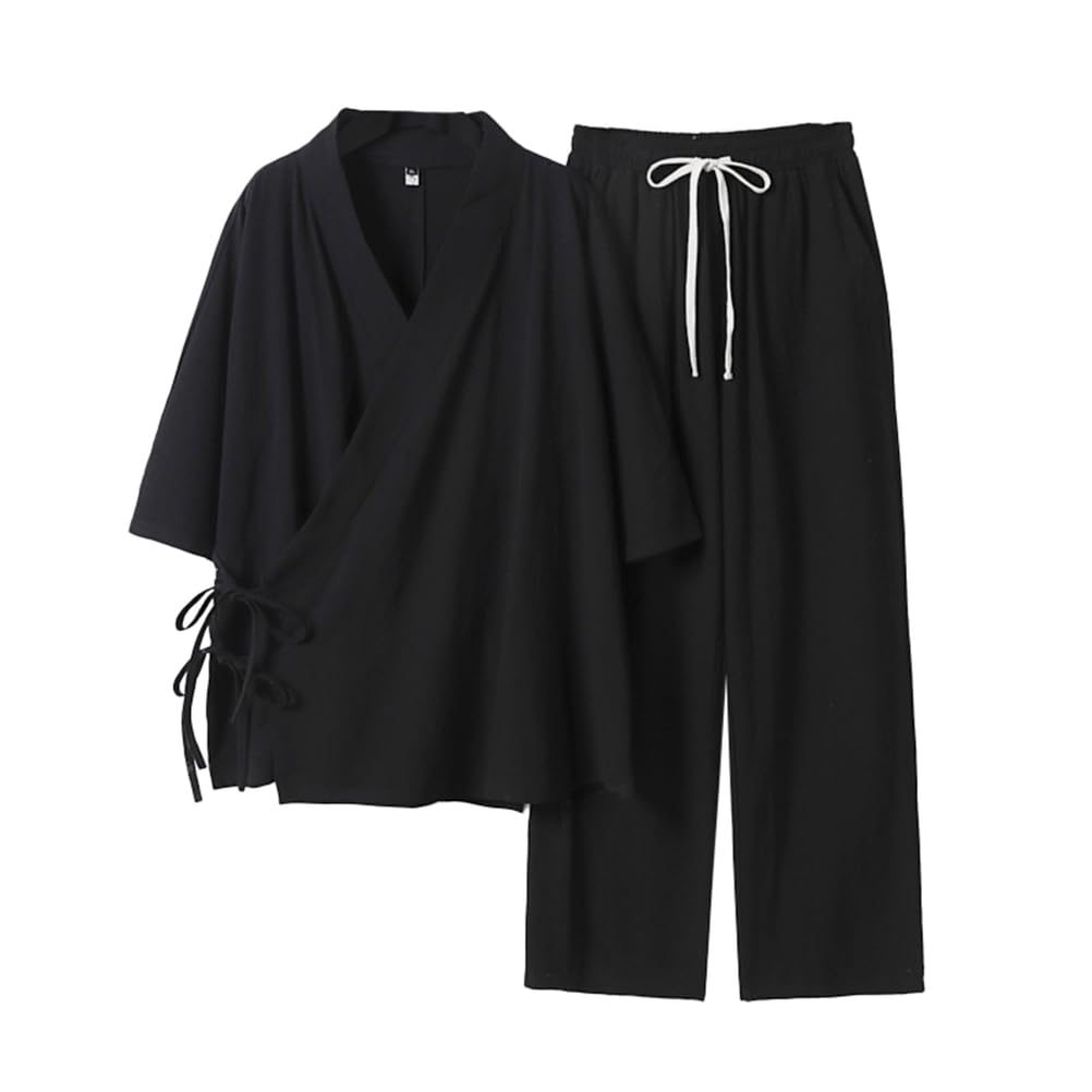 TIANQIHAO Japanese Style Pajamas Cotton Japanese Kimono Suit Summer Plus Size Kimono Bathrobes Chinese Style Sleepwear,Black-4X-Large