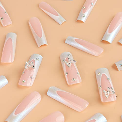 24 Pcs Long Press On Nails White French Tips Fake Nails Butterfly Rhinestone Full Cover Nails Tips Coffin False Nails With Charms Nail Decorations Glitter Acrylic Nails Glue On Nails For Women Girls #TOP3