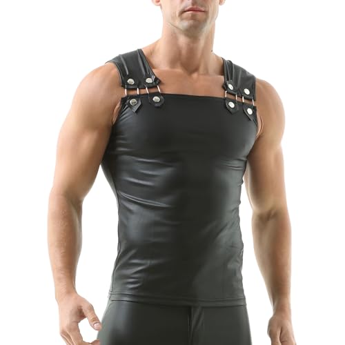 Men's Faux Leather Vest Sleeveless Undershirt Wet Look Tank Top Shirt Clubwear3