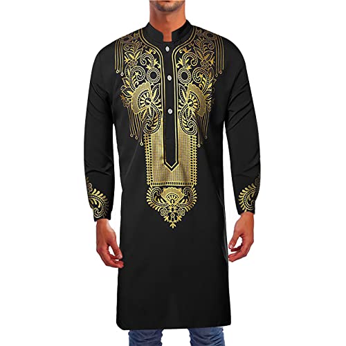 Kurta for Men Muslim Kaftan Button Up Henley Shirts Casual Ethnic Printed Long Sleeve Thobe Caftans Robes