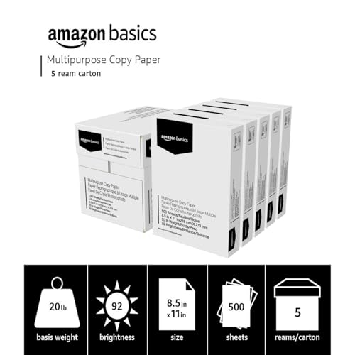 Image of Amazon Basics Multipurpose Copy Printer Paper, 20 lb, 8.5 x 11 Inches, 5 Reams (2,500 Sheets), 92 Bright White