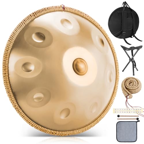 BIILOYY Handpan Instrument, 22 Zoll 9 Töne 440 Hz Hand Pan,Handpan Drum in D-Moll,inklusive Drum Tasche, Schlägel, Steel Pan Ständer, für Anfänger, Profis, Musiktherapie