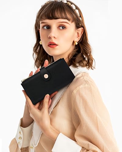 Image of Black Women's Slim Wallet,Thin RFID Card Holder with Zipper Pocket | 12 Slot Wallet Organizer, Large Capacity, Vegan Leather, Coin Purse, Cash Compartment, Travel Wallet, Women Gift