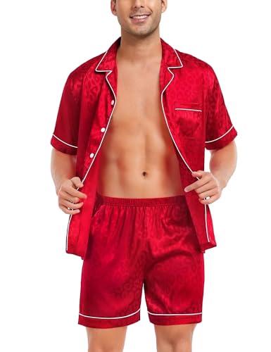 Image of SWOMOG Satin Matching Pajamas Sets Couple Silk Button Down Nightwear Women & Men Short Sleeve Sleepwear 2 Pieces Loungewear