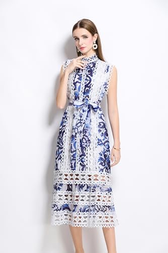 Image of LAI MENG FIVE CATS Women's Sleeveless Hollow Out Lace Button Up Casual Midi Party Dress with Belt