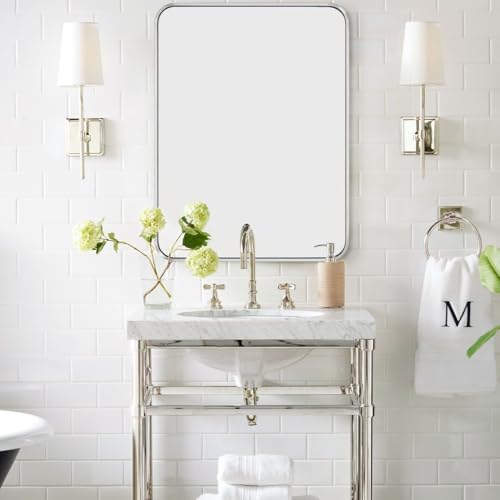 GRACTO 24x36 Chrome Mirrors for Bathroom Bathroom Vanity Mirror Rounded Rectangle Mirror Stainless Steel Anti-Rust Tube Metal Frame Wall Mounted Mirror Vertically/Horizonta