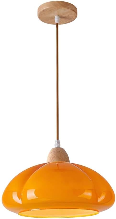 Modern Orange Glass Light Pumpkin Shade Minimalist Wood Kitchen Island Chandelier Vintage Hanging Ceiling Light for Kitchen Island Dining Room Bar Hallway