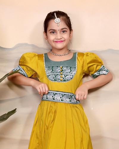 Image of Girls Silk Pattu Gown for Kids Traditional South Indian Long Ethnic Dress | Baby Girl Festival Pavadai Sattai Style Party Wedding Birthday Special Occasion Outfit