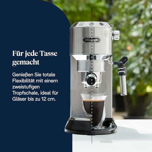 De'Longhi Dedica Style - Perfetto Kompakte Siebträgermaschine Espressomaschine mit Tasten, manuellem Milchaufschäumer für Espresso und Cappuccino, ESE Pad geeignet, 15cm breit, Metall (EC685.M)