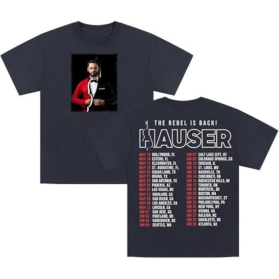 MDMLK Hauser The Rebel is Back Tour 2025 Camiseta De Manga Corta, Unisex T-Shirt, Cuello Redondo Informal, Estampado,Azul,XL